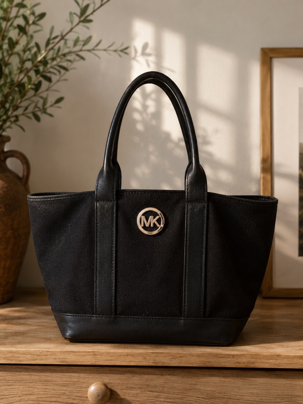 Michael Kors Black Tote with Gold MK Emblem
